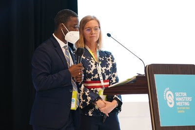 Muyatwa Sitali, SWA Head of Country Engagement and Lucinda O’Hanlon, SWA Head of Policy and Strategy welcome 350 participants to the 2022 Sector Ministers' Meeting on water and sanitation in Jakarta, Indonesia
