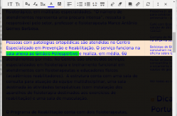 Tela com exemplo do WebHelpDyslexia, com adaptação de notícia do site da UFLA com alteração no tipo e tamanho de fonte, cor de letra e fundo e uso da régua de leitura com um trecho da página visível somente para facilitar o foco da leitura