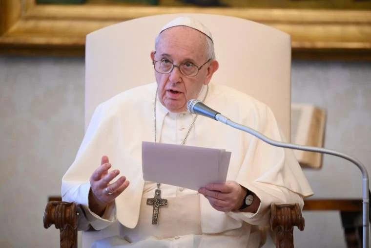 Pope Francis speaks at a general audience in the apostolic library. Credit: Vatican Media