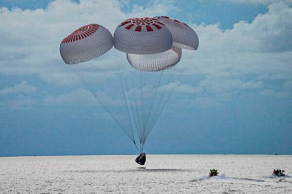 The SpaceX Inspiration4 capsule carrying four people splashes down off the Florida coast on Saturday.