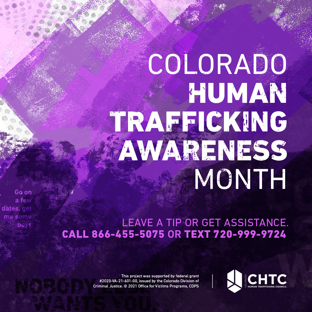 Colorado Human Trafficking Awareness Month graphic - Leave a tip or get assistance call 866-455-5075 or text 720-999-9724