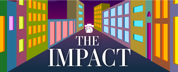 The Impact newsletter banner has a DHS keystone and colorful building illustrations.