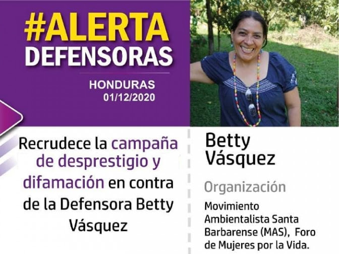 Organizaciones denuncian peligro contra la vida de la defensora Betty Vásquez, en Santa Bárbara