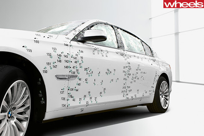 BMW-7-Series -front -side -bullet -holes