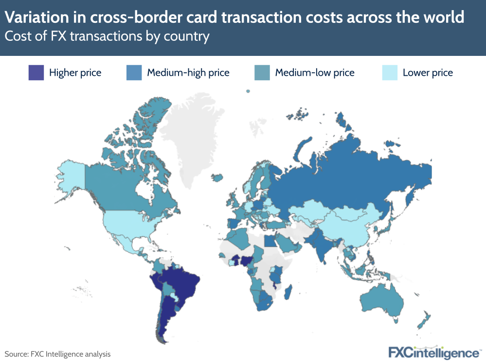 Variation in cross-border card transaction costs across the world
Cost of FX transactions by country