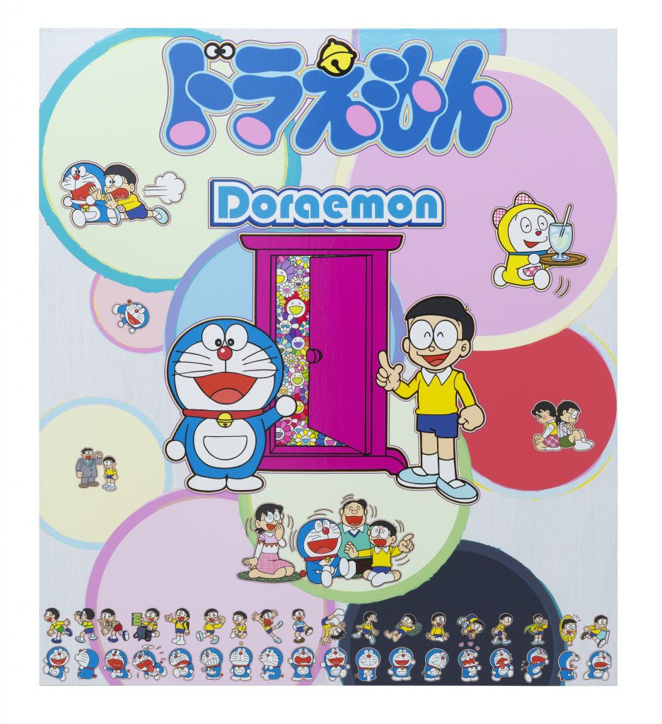 Takashi Murakami, <i>Doraemon and Anywhere Door (Dokodemo Door): Happiness Is Always Being Together</i> (2019). © 2019 Takashi Murakami/Kaikai Kiki Co., Ltd. All Rights Reserved. ©Fujiko-Pro. Courtesy of the artist studio and PERROTIN. Photo: Jens Ziehe, Berlin.