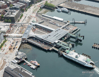 Aerial view of Seattle's Colman Dock on May 17, 2023