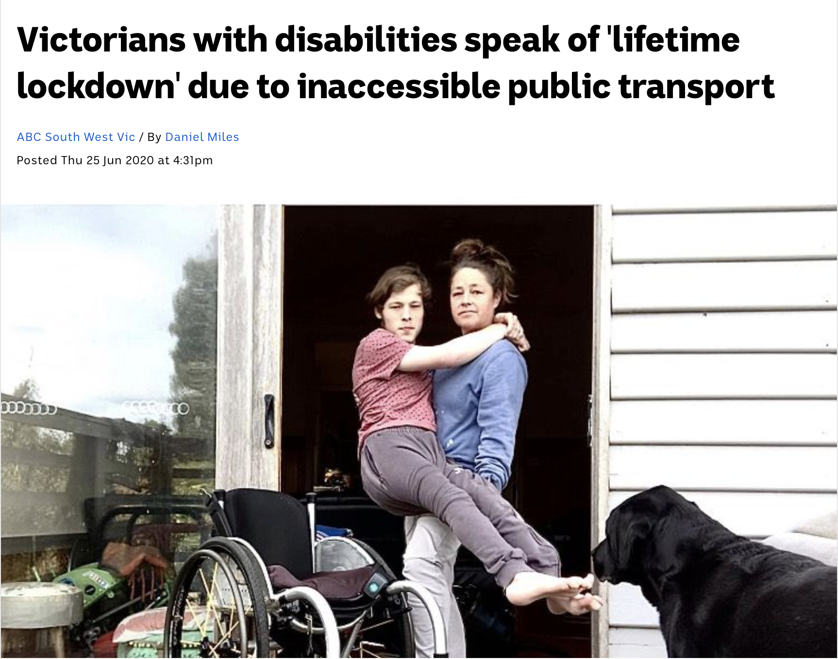 A screenshot of an ABC news online article of a mother holdingher teenage son in her arms as she lifts him into him wheelchair.