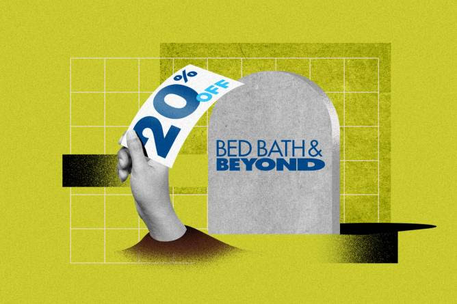 Photo collage of hand holding 20% off coupon and Bed Bath & Beyond logo on gravestone.