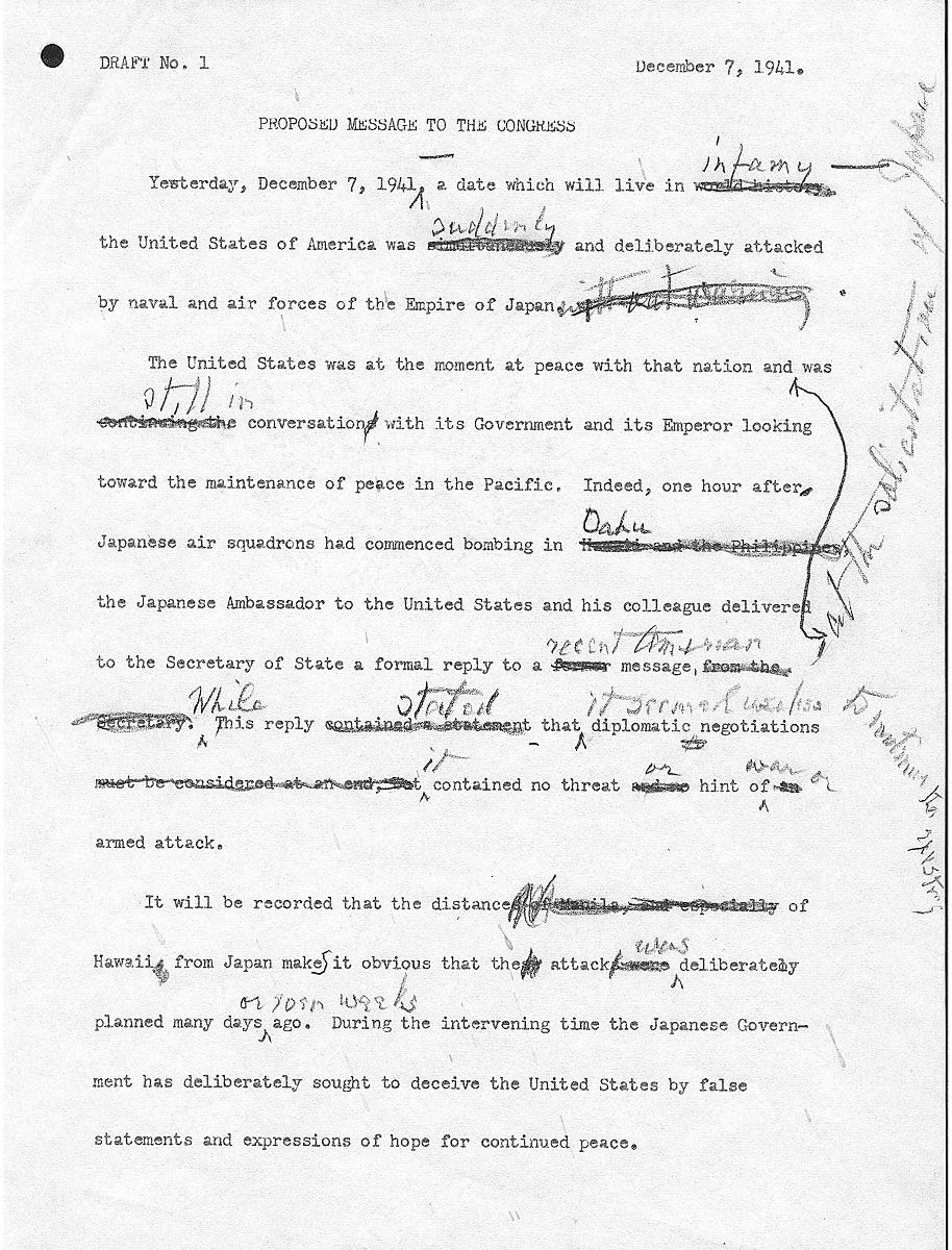 Annotated draft of FDR's "Day of Infamy" address, page 1