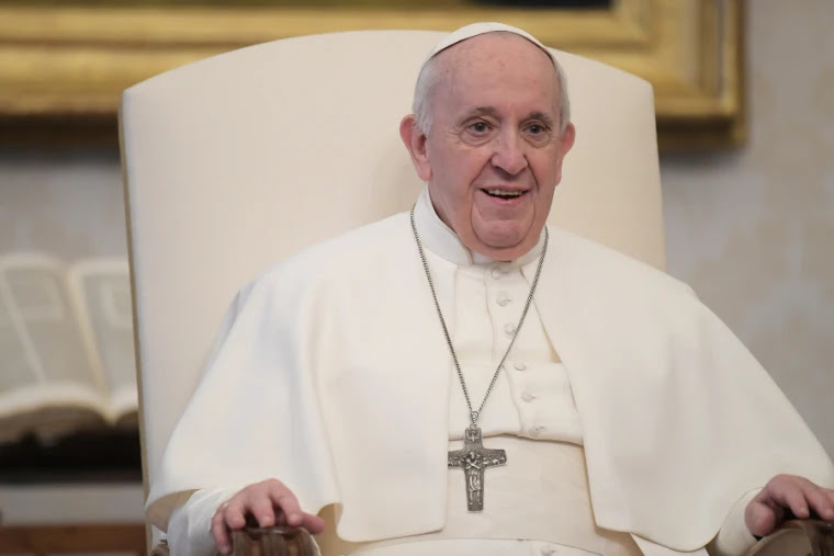 Pope Francis at a general audience address in the library of the Apostolic Palace. Photo credits: Vatican Media.