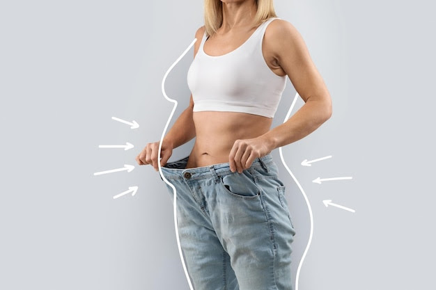 Cropped of slender woman wearing huge jeans collage