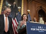 Senate Minority Leader Chuck Schumer, D-N.Y., left, and Speaker of the House Nancy Pelosi, D-Calif., call on Senate Majority Leader Mitch McConnell, R-Ky., to bring the Democrats&#39; HR-1 &quot;For the People Act&quot; to the floor for a vote, during an event on Capitol Hill in Washington, Tuesday, March 10, 2020. (AP Photo/J. Scott Applewhite)