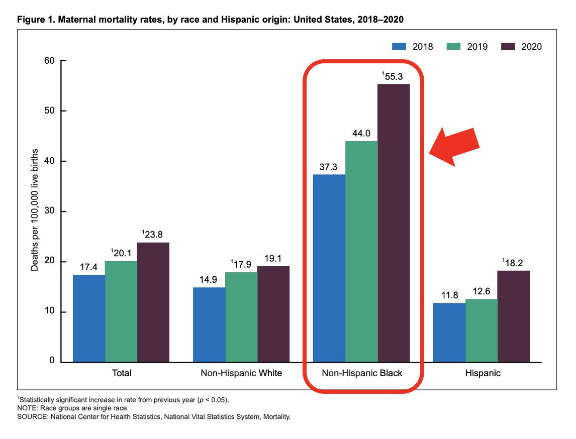 Maternal mortality rate by race. Its worst where abortions are banned and AND poor mothers denied Medicaid.