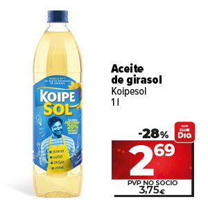 Aceite de girasol Koipesol 1l ahora un 28% más barato con CLUBDia a 2,69€. Pvp no socio a 3,75€