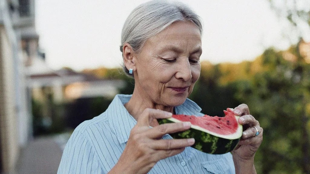 a person wearing a blue shirt is in a garden eating a slice of watermelon