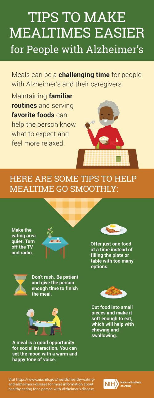 Tips to make mealtimes easier for people with Alzheimers infographic. Click through for full transcript.