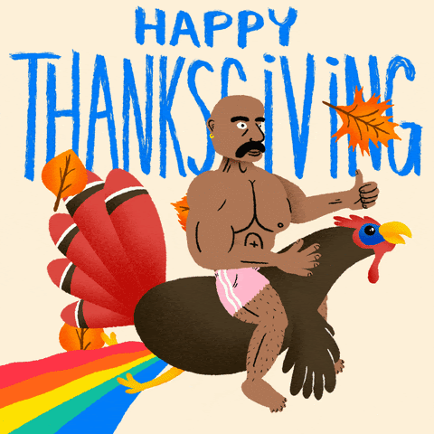 Image of a man on a turkey with the words "happy thanksgiving" written