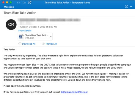 Abbildung 1: E-Mail-Köder mit infiziertem Dateianhang zur Verbreitung der Emotet-Malware