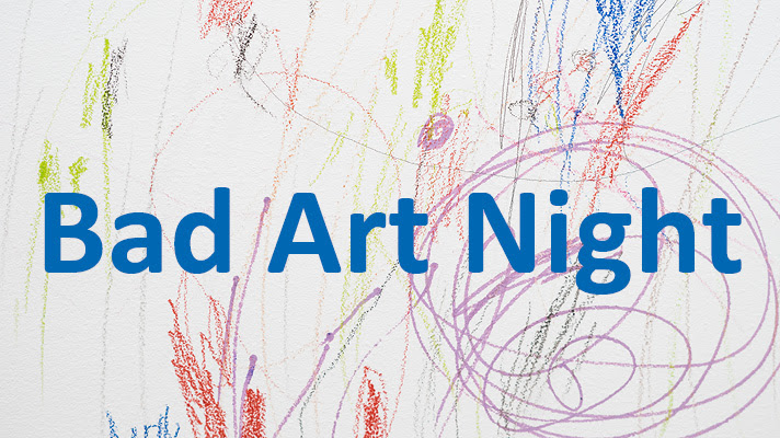 A white background covered in scribbles of crayon and blue text that reads Bad Art Night