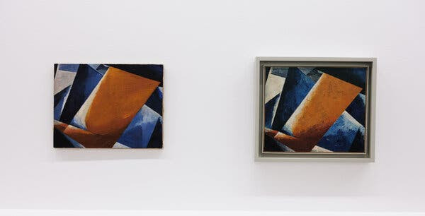 Liubov Popova’s 1918 “Painterly Architectonic,” right, is displayed beside a fake version in the exhibition, which opened on Saturday and runs through Jan. 3.