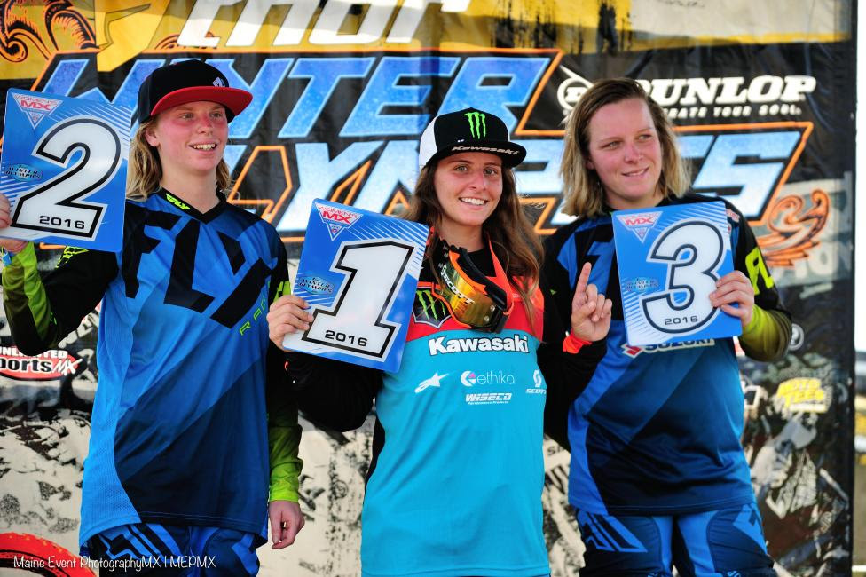 Hannah Hodges (center), Kaitlyn Morrow (left) and Mackenzie Tricker (right) rounded out the WMX podium at final round held in conjunction with the Thor Winter Olympics.Photo: MEPMX | Martha Farmer