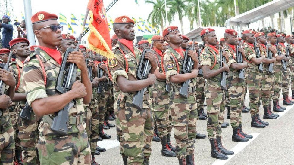 Soldiers stand attention during the inauguration of Gabon's military junta General Brice Oligui Nguema as interim president in Libreville, Gabon, 04 September 2023