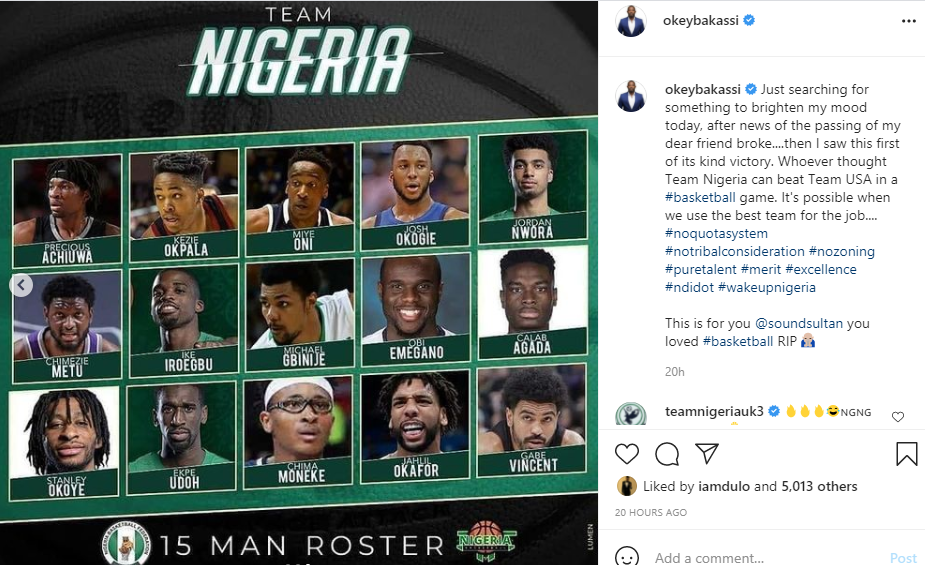 Ndi dot, No to quota system - Comedian Okey Bakassi writes as he shares line up of Nigerian basketball players that defeated team USA