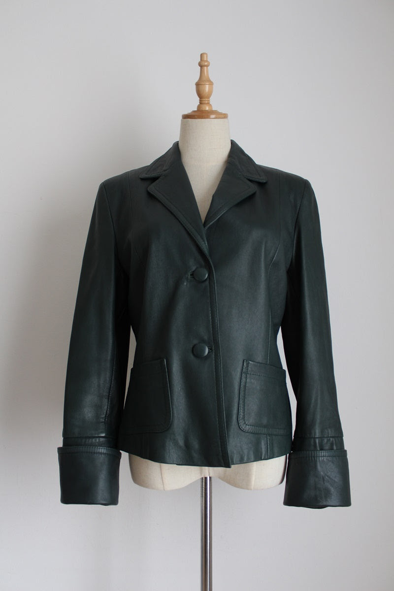 MONA GENUINE LEATHER FOREST GREEN CUFFED JACKET - SIZE 8