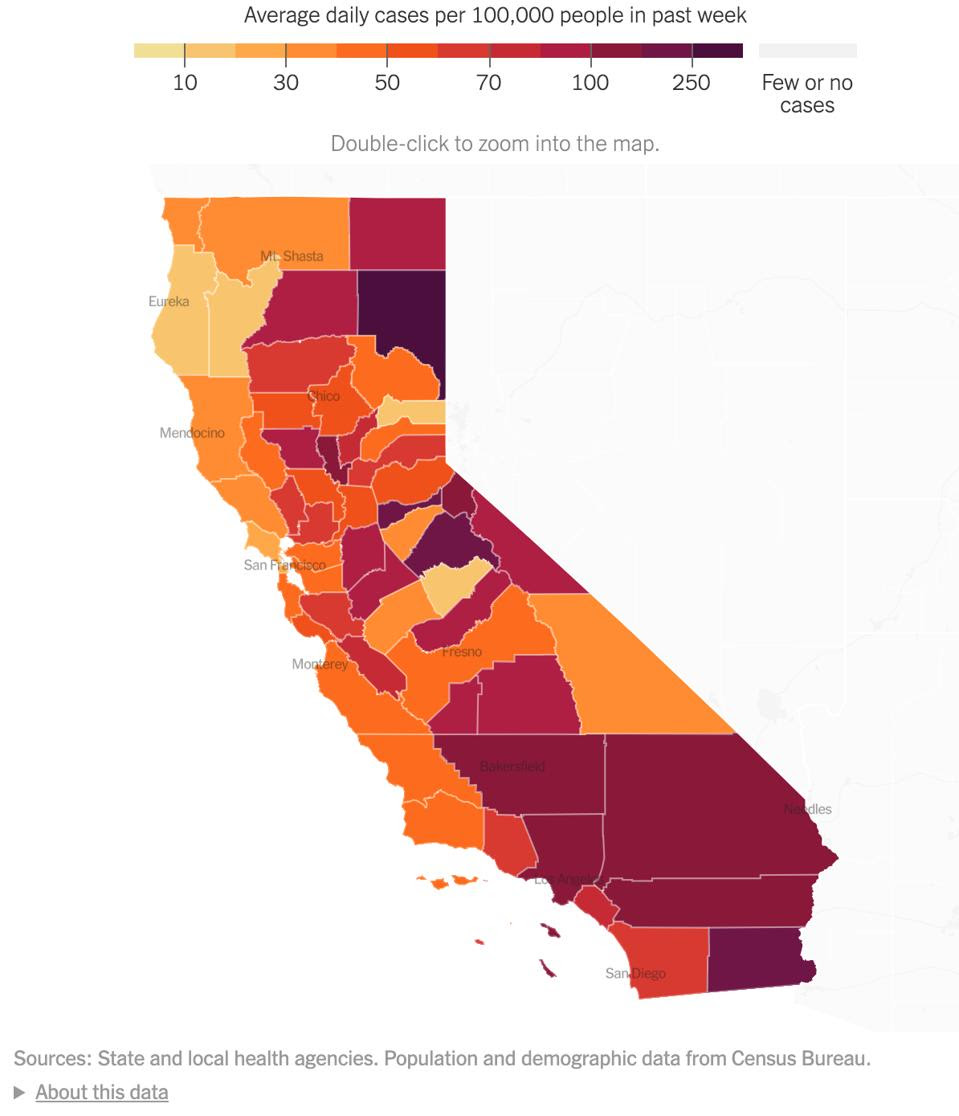 A map depicting the average daily cases per 100,000 people in the past week in California.