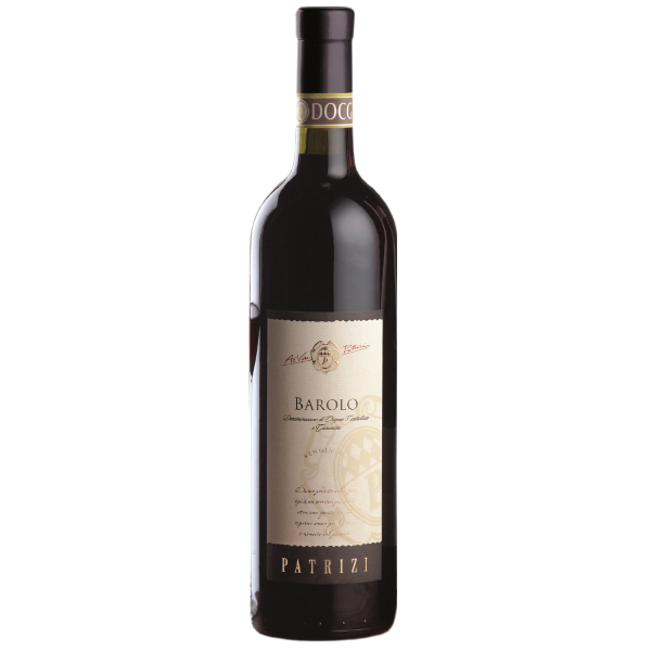 A bottle of Barolo DOCG by Patrizi 2016 standing upright showing the label.
