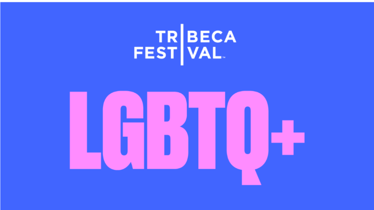 Tribeca Film Festival logo in white lettering; LGBTQ in pink lettering; blue background