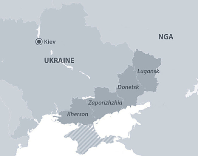 4 tỉnh Donetsk, Lugansk, Zaporizhzhia và Kherson của Ukraine. Đồ họa: DW.