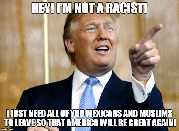 Donald Trump Pointing |  HEY! I'M NOT A RACIST! I JUST NEED ALL OF YOU MEXICANS AND MUSLIMS TO LEAVE SO THAT AMERICA WILL BE GREAT AGAIN! | image tagged in donald trump pointing | made w/ Imgflip meme maker