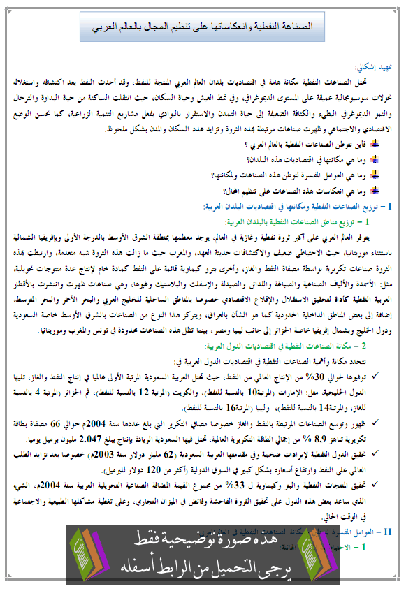 درس الصناعة النفطية وانعكاساتها على تنظيم المجال بالعالم العربي – الجغرافيا – الأولى باكالوريا آداب Asinaa-anaftia