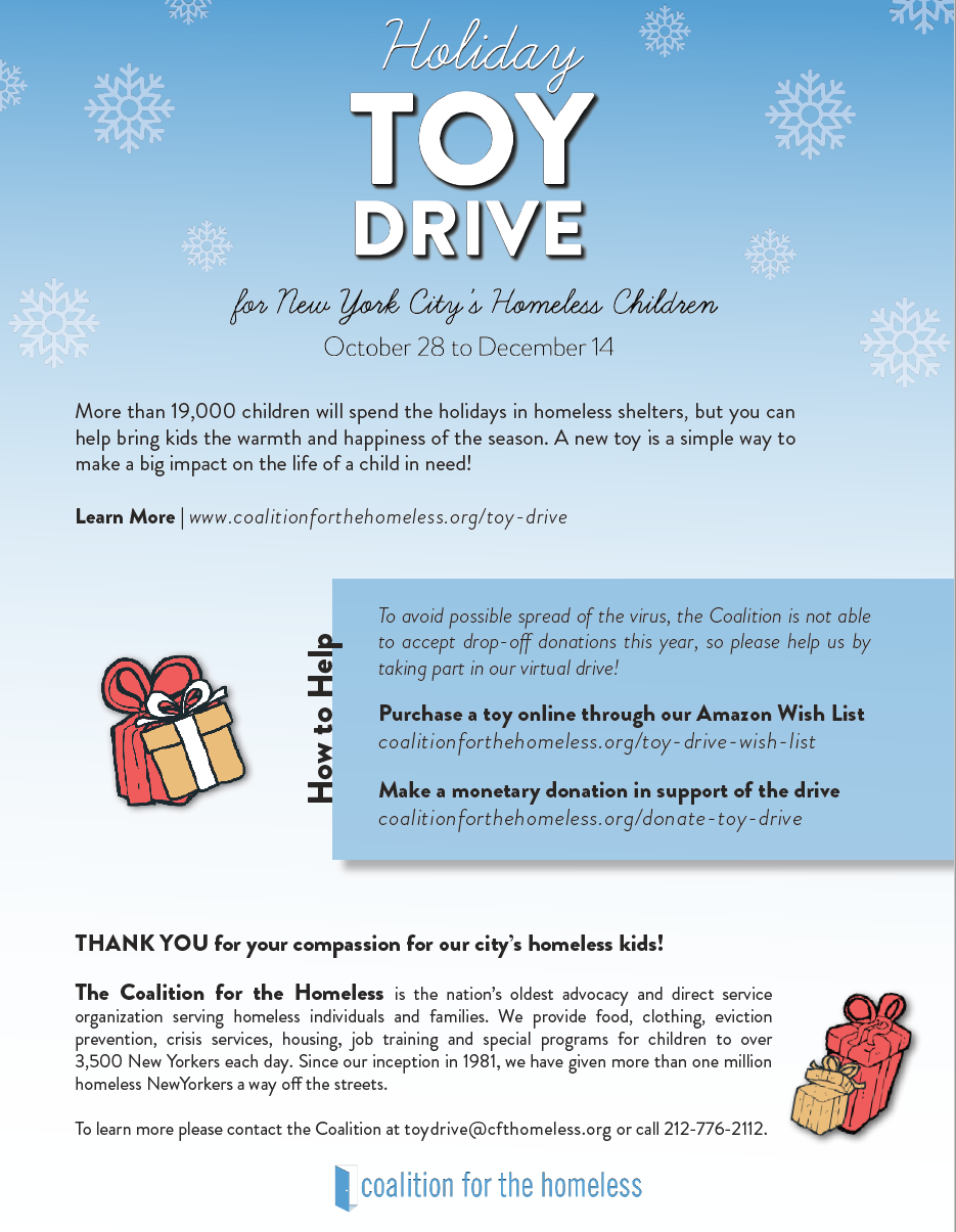 Annual Holiday Gifts Charity Drive for the Coalition for the Homeless ...