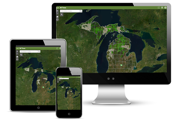 Mi Trees Planting map - images of laptop, tablet and phone displaying map where planted trees are logged