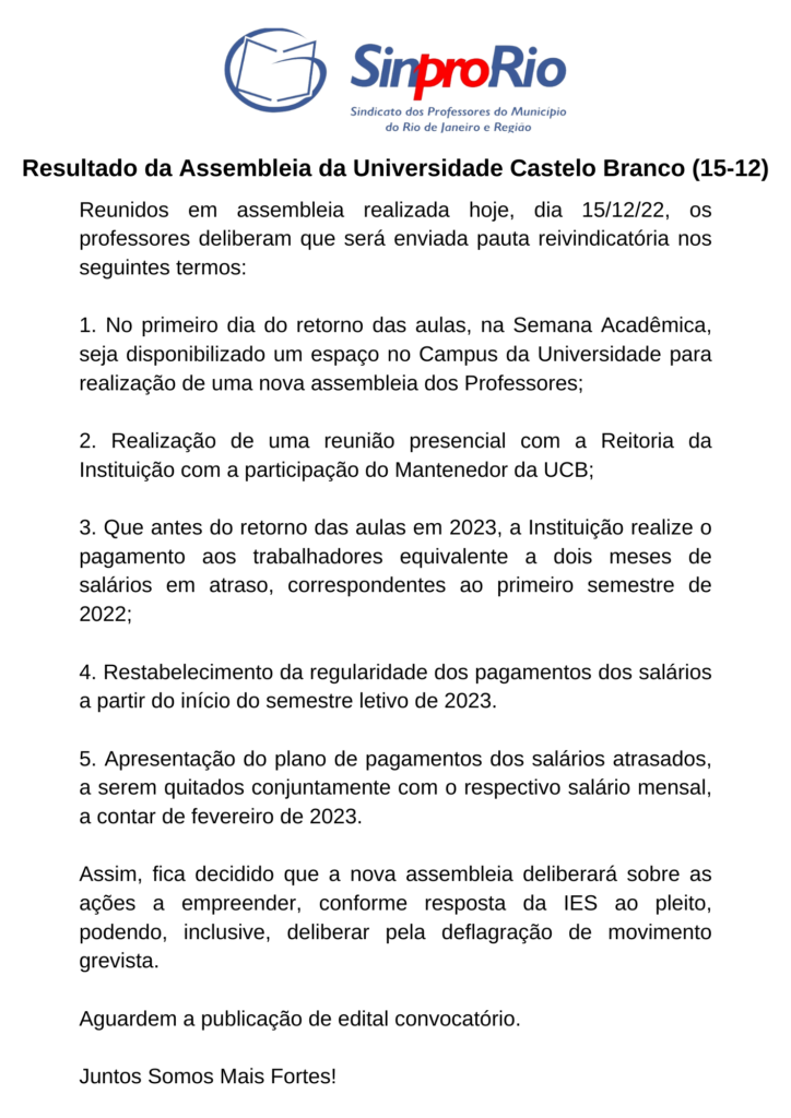 Resultado da Assembleia da Universidade Castelo Branco (15-12)
