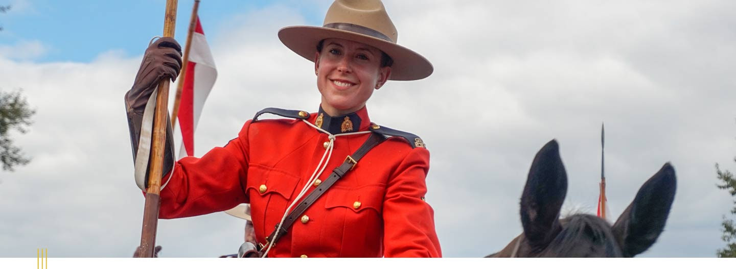 RCMP officer in 2018 RCMP Musical Ride performing at The Comox Valley Exchibition in Courtenay on Vancouver Island in British Columbia, Canada