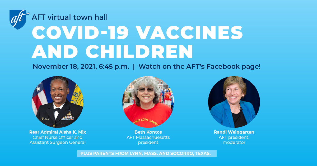 Image with details about the "COVID-19 Vaccines and Children" town hall, which will be held Thursday, November 18 at 6:45 pm Eastern Standard Time.
