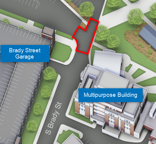 Map of Brady Street, showing the closure that separates the West Reserve lot from the Brady Garage.