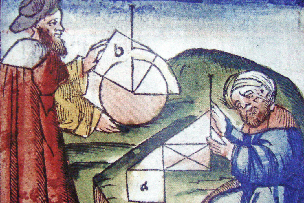 Westerner and Arab practicing geometry 15th century manuscript - detail