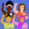 A diverse group of women wearing "I voted" buttons, raising their fists in unison.