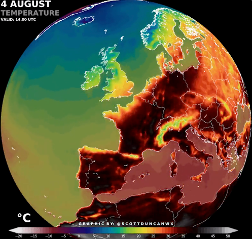 Graphic of heatwave across Europe on the 4th of August 2022