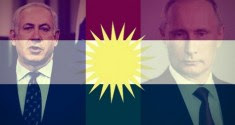 PM Netanyahu (on right) and Russian leader Putin (l) flanking the flag of Kurdistan
