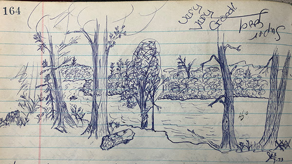 A landscape scene drawn in pen in a park logbook by a visitor in the 1970s.