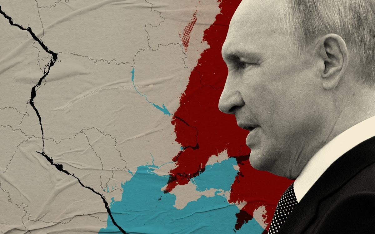 Putin against an image of a map