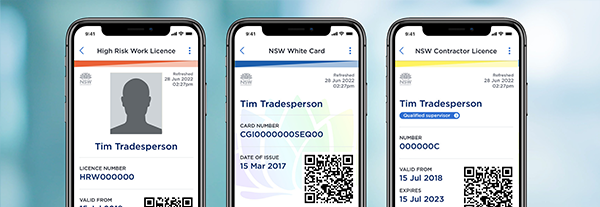 mobile phones showing the digital High Risk Work Licence, the digital White Card, and the digital Contractor Licence, in the Service NSW app. 