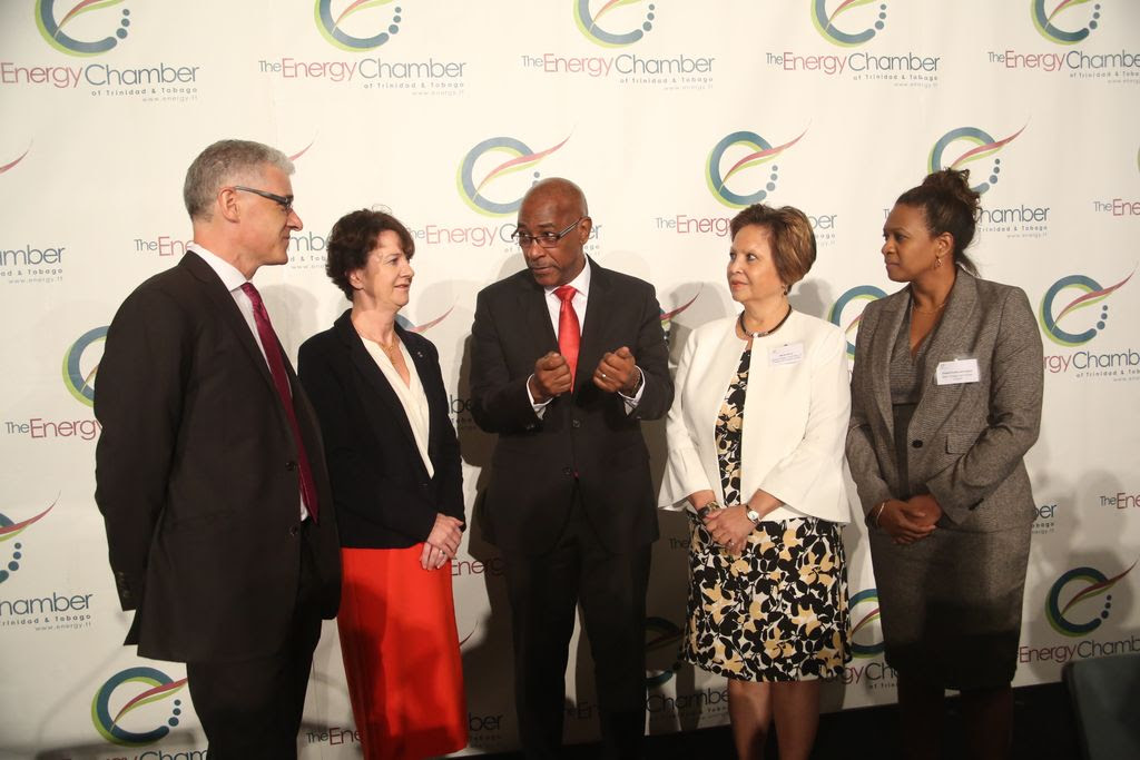 The Energy Chamber of T&T, President and CEO, Dr. Thackwray Driver, left, BP T&T Regional President, Claire Fitzpatrick, Minister of Public Utilities Robert Le Hunte, National Energy Corporation of T&T President Ag. Wendy Seow and Shell T&T Ltd. Safety and Environment General Manager, Orissa Forde-Carrington pose for a photo after the opening ceremony of The Energy Chamber of T&T two day Energy Efficiency and Renewables conference and Tradeshow held at the Hilton Trinidad and Conference Centre, on Monday.