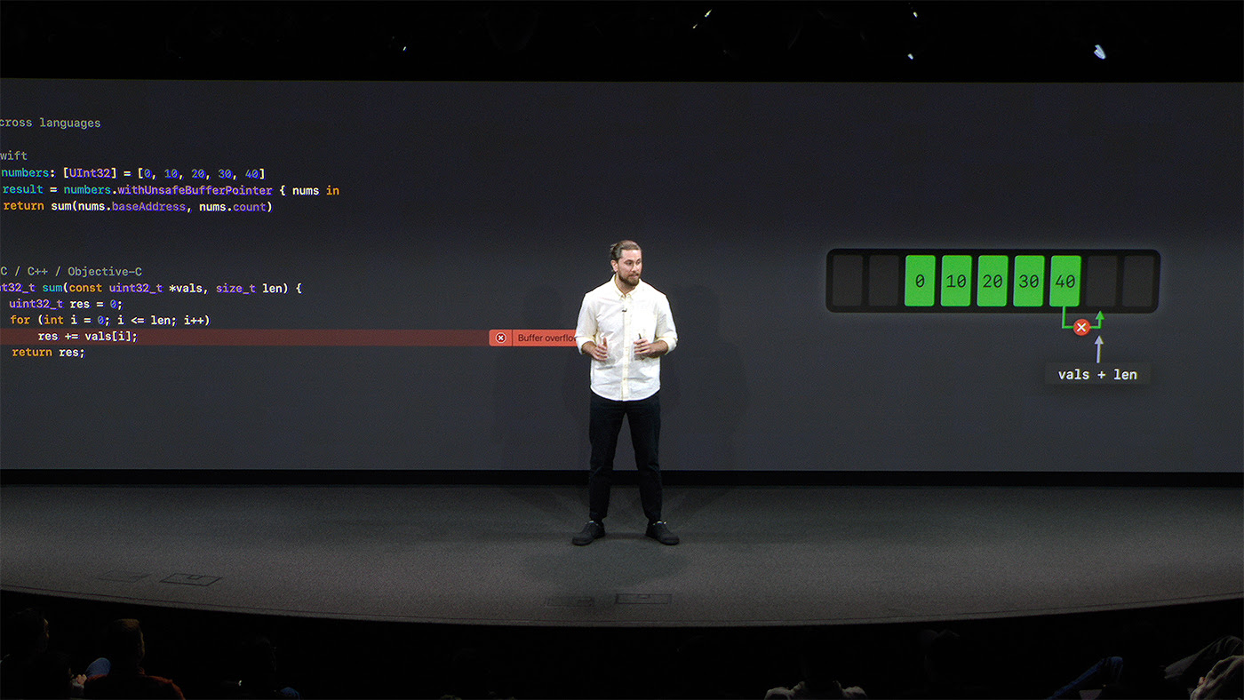 A man in a white shirt stands on stage in a theater addressing a crowd. Behind him is a large video screen that shows lines of code and graphs.